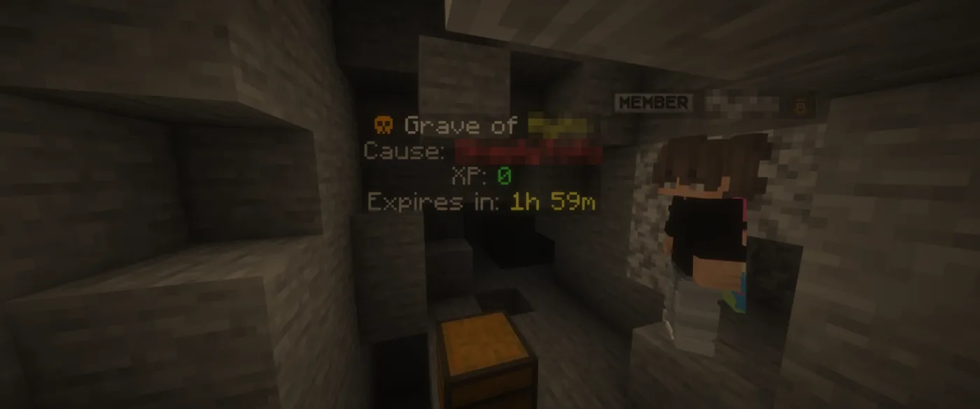 A grave in a cave with a floating label showing the owner, the cause of death, the XP it holds and a countdown until it expires.