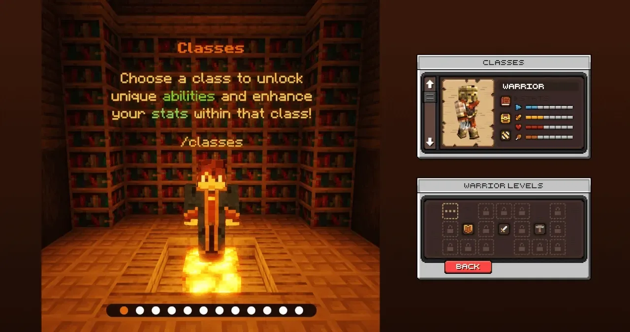 The classes menu: choose a class to unlock unique abilities and enhance your stats, with the Warrior class and Warrior levels screens