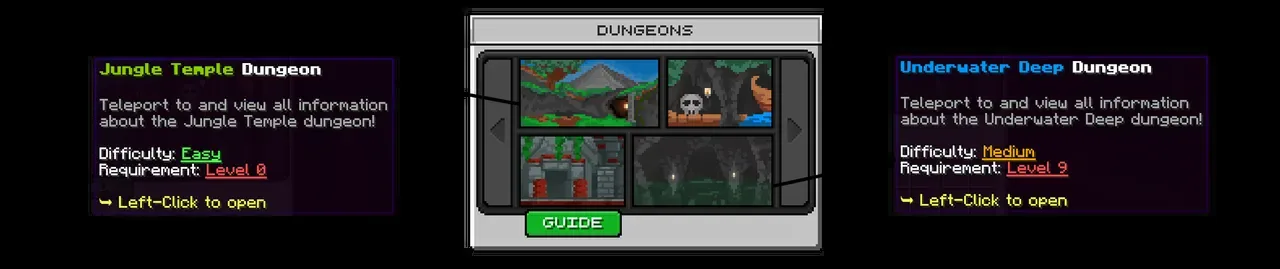 The dungeons menu with the Jungle Temple and Underwater Deep dungeon details showing difficulty