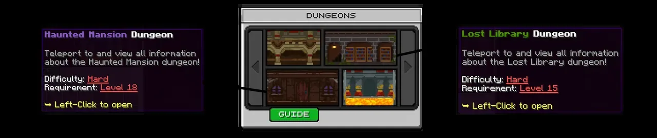 The dungeons menu next page with the Haunted Mansion and Lost Library dungeon details