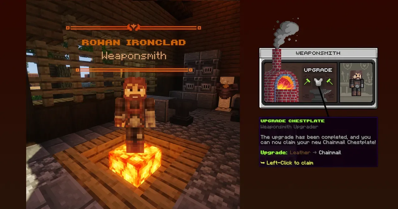 Weaponsmith Rohan Ironclad and the weapon and armor upgrade menu