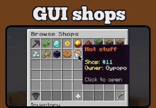 The Browse Shops menu, showing a shop called Hot stuff owned by a player