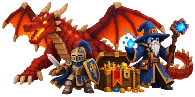 Pixel-art red dragon, armored knight and blue wizard guarding a chest of treasure